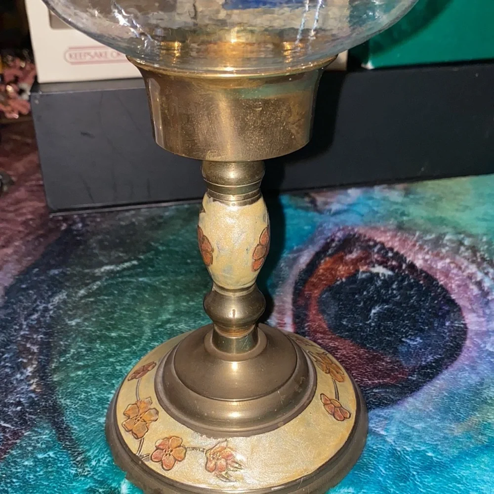Unique Vintage Brass candle holder with an etched glass shade